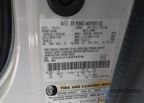 2016 Ford Expedition El Limited из США, поврежденный, VIN 1FMJK1KT2GEF49798